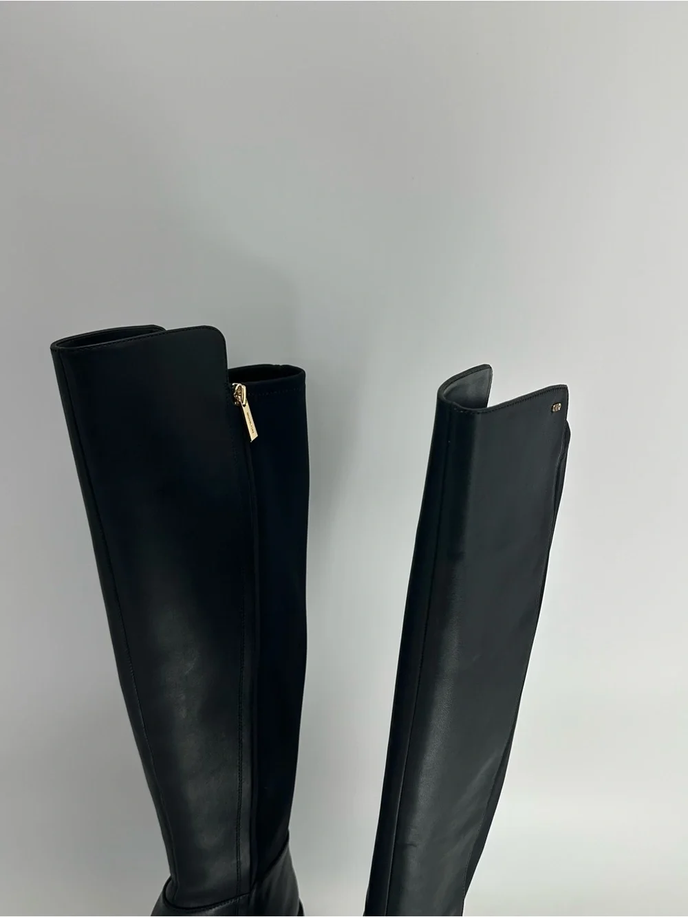 Michael Kors Black Leather Knee High Lug Sole Boots Gold Hardware